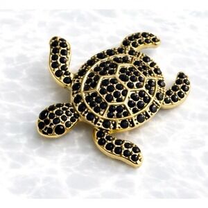 Black Rhinestone Sea Turtle Brooch with Gold Tone Metal Accent Pin 1.5"